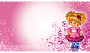 A doll with golden hair in a pink dress on a pink floral patterned background