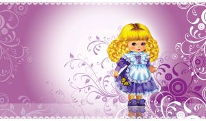 A blond doll in a violet polka dot dress on a purple floral patterned backdrop