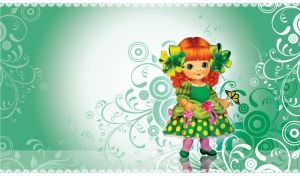 Ginger doll in a green dress with pink bows on a green floral patterned backdrop