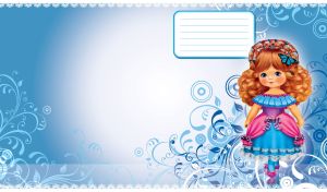 A doll with brown hair in a blue dress on a blue floral patterned background