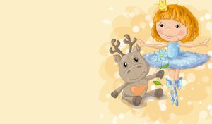 A cartoon little ballerina with her baby deer friend on pastel yellow