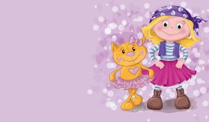 A cartoon little pirate girl with her red cat friend on pastel purple
