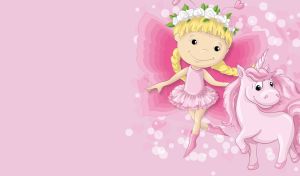 A cartoon fairy ballerina with her unicorn friend on pastel pink