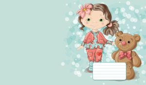 A cartoon girl with her teddy bear friend on pastel teal
