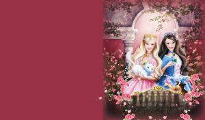 A blond princess with a cat and a brunette princess with a dog stand on a balcony