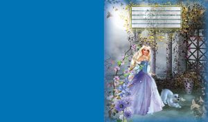 A blond princess in a light blue dress with a polar baby bear walk on the terrace