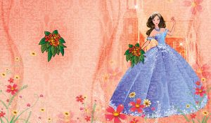Honey-brown hair princess in a blue dress holds a red bouquet on pastel orange