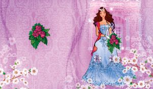 Brown hair princess in a blue dress holds a pink bouquet on pastel purple