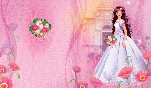 Dark hair princess in a white dress holds a pink bouquet on pastel pink
