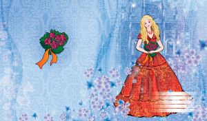 Blond princess in a red dress holds a pink bouquet on pastel blue