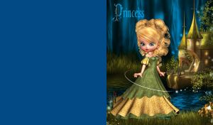 Blond princess in a green and golden dress in the enchanted forest
