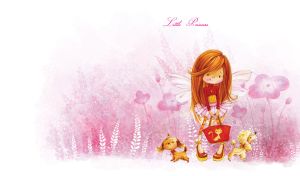 Child's drawing of a red hair fairy and cute dogs in the pastel pink forest