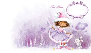 Child's drawing of a brown hair fairy and a bunny in the pastel purple forest