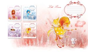 Child's drawing of a yellow hair fairy and a bunny in the pastel pink forest