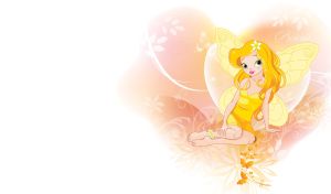 Animated fairy princess with yellow hair on yellow-pink floral backdrop