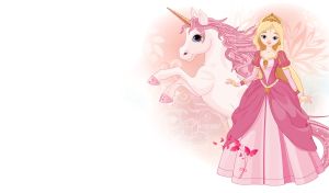 Cartoon blonde princess and a sparkling unicorn on a pastel pink floral backdrop