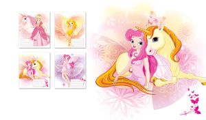Animated fairy princess and a unicorn on a pastel yellow-pink floral backdrop