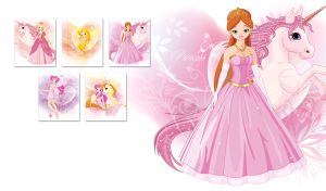 Cartoon ginger princess and a sparkling unicorn on a pastel pink floral backdrop