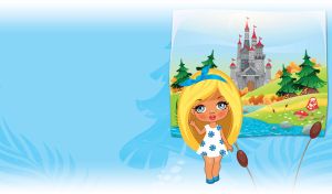 Blonde girl waving by the picture of a castle on a pastel blue backdrop