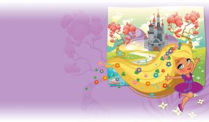 Blonde girl playing around the picture of a castle on a pastel purple backdrop