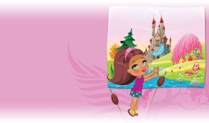 Brunette girl chases a butterfly by a picture of a castle on pastel pink