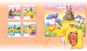 Blonde girl with a flower crown sits by a picture of a castle on pastel beige