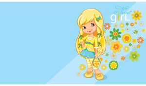 Cartoon blonde girl with a lemon purse in a yellow cardigan on light blue