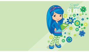 Cartoon blue-hair girl with a green book in a blue cardigan on light green