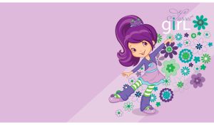 Cartoon plum-hair girl dances in violet dress and striped tights on light purple