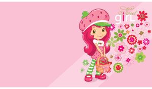 Cartoon pink-hair girl in a strawberry cap and striped tights on light pink