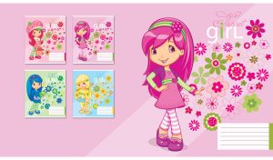 Cartoon raspberry-hair girl with a green hair band in a pink dress on light pink