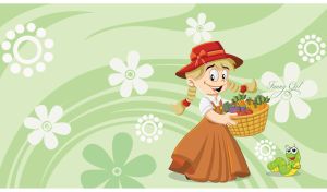 Funny little girl with a basket of veggies next to a caterpillar on pastel green
