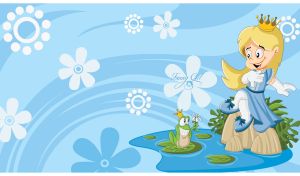 Funny little princess and the green frog prince on pastel blue