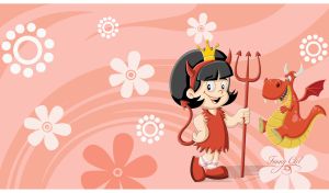 Funny little devil princess and a red dragon on pastel red-beige