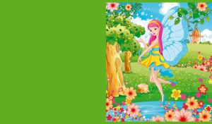 A pink hair fairy girl in a yellow dress in a green magical floral lawn