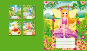 A blonde fairy girl in a pink dress sits on magical mushroom in a green garden