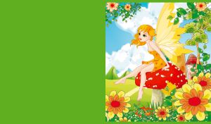 A redhead fairy girl in an orange dress on a big red mushroom on a green field