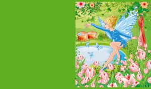 A blonde fairy girl in a blue dress flies over a lake in the green forest