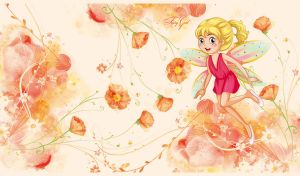 Blonde fairy flies among the orange flowers on a pastel beige background
