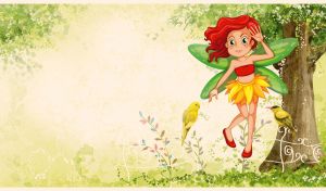 Red hair fairy wanders with birds in the pastel green forest