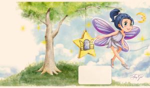 Blue-haired fairy flies in the pastel beige-blue night sky talking to the crescent