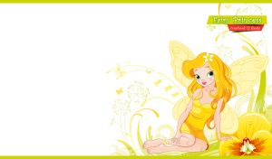 Little yellow fairy princess and hibiscus on a white backdrop with green swirls