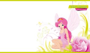 Little pink fairy princess and a pink rose on a white backdrop with lime swirls