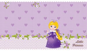 Little princess in violet on pastel purple seamless polka dot pattern with hearts