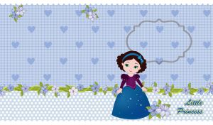 Little princess in shiny dress on pastel navy-blue seamless polka dot pattern with hearts