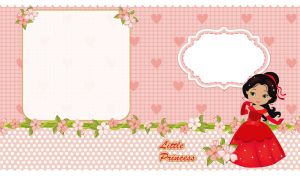 Little princess in red on pastel red-pink seamless polka dot pattern with hearts