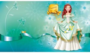 Red hair princess in white-green silk dress against a teal floral silhouette