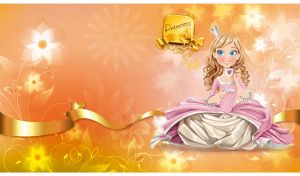 Blonde princess in a pink dress drinks tea against an orange floral silhouette