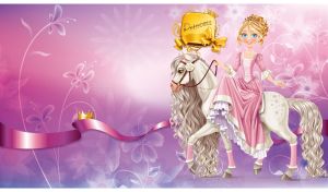 Golden hair princess on white horse against a purple floral silhouette