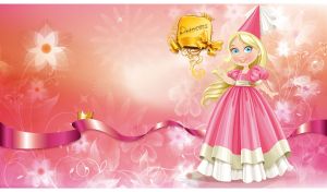 Blonde princess in a cone hat against an orange-pink floral silhouette